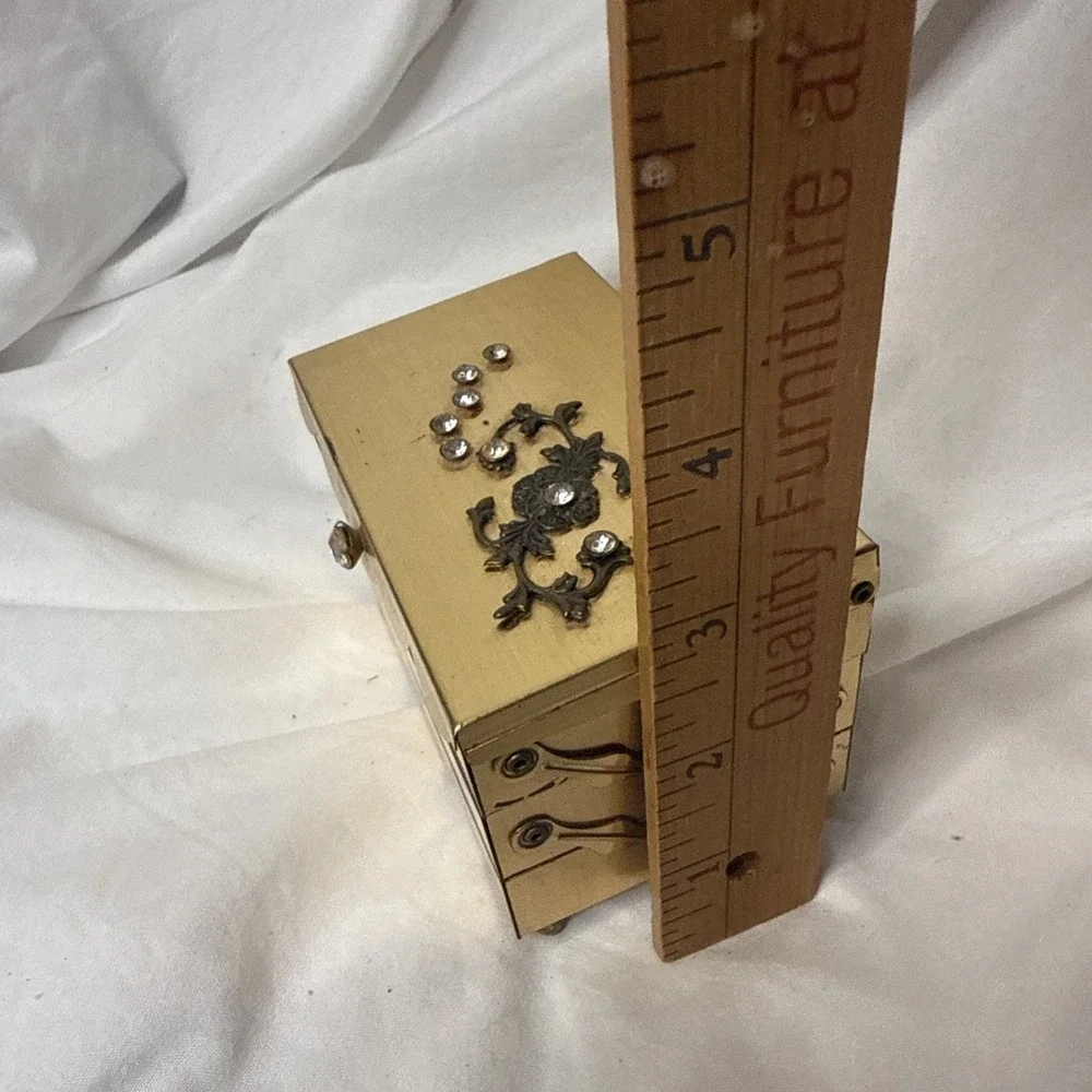 Vintage Brass Travel Rhinestone Jewelry Box Gold Tone New York Regency Fold